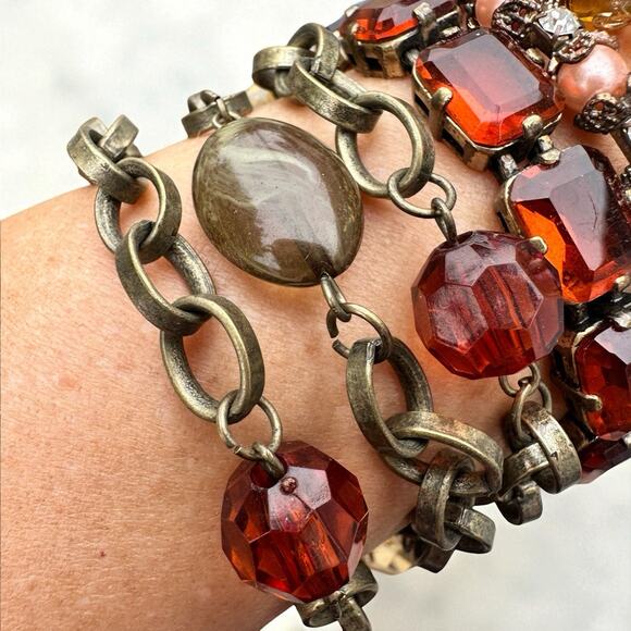 Amber Topaz Glass Rhinestone Brass Bracelet Chunky Chain Stack J Crew Autumn - Picture 3 of 7